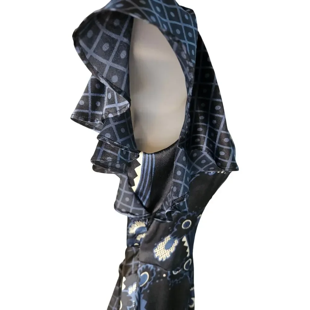 Celia Birdwell Top Shop Blue Floral Dress Vintage Ruffled Open Back Silky Sz 8 - Picture 10 of 13